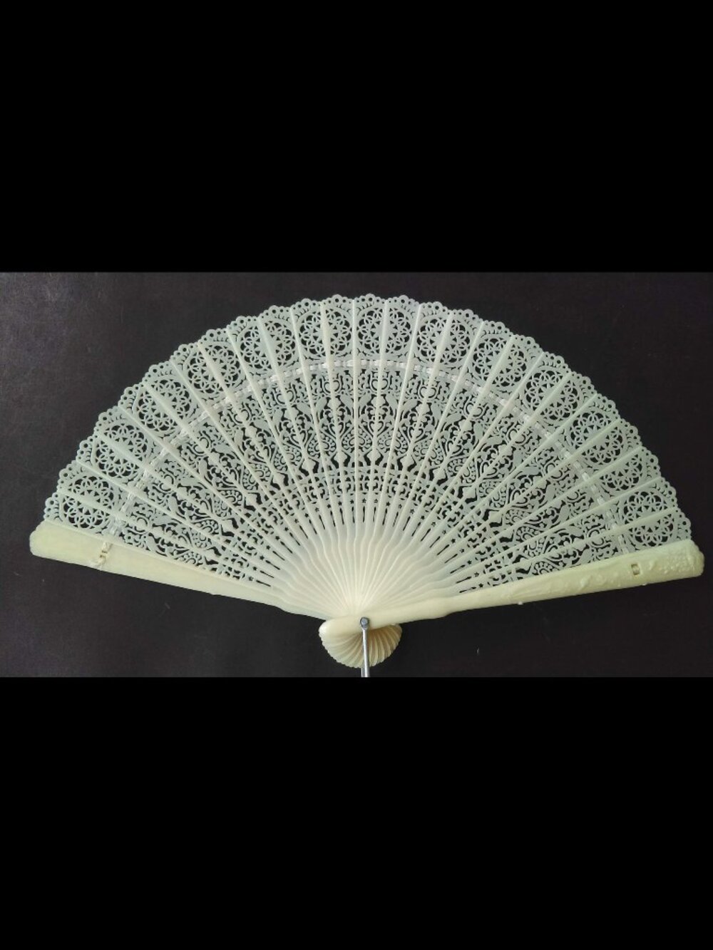 Vintage Faux Ivory Celluloid Off White Pierced Lace Asian Folding Fan Hong Kong